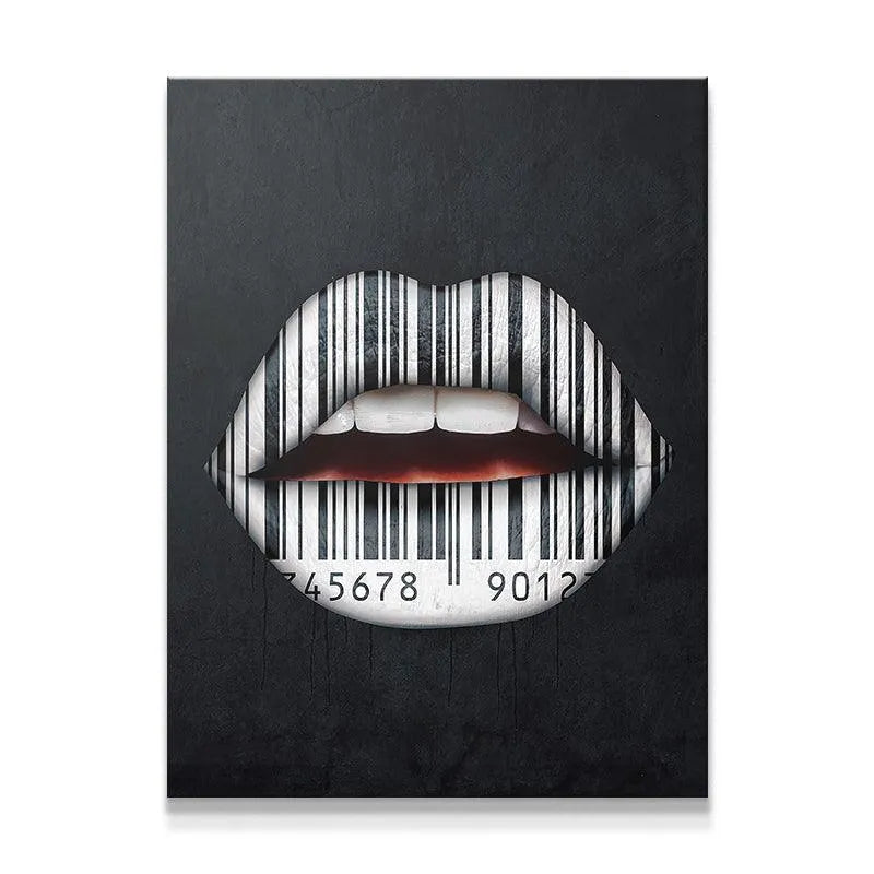 Close-up detail of the barcode texture covering the mouth in the Lips Are Sealed print.