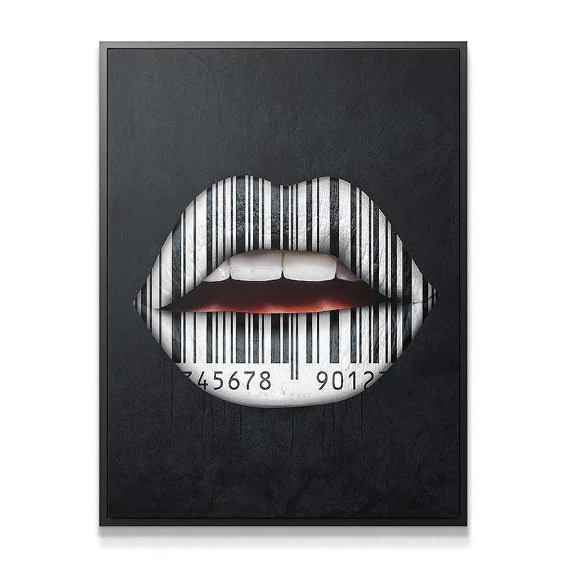 Full-view, front-facing gallery shot of the modern Lips Are Sealed canvas art on a black wall.