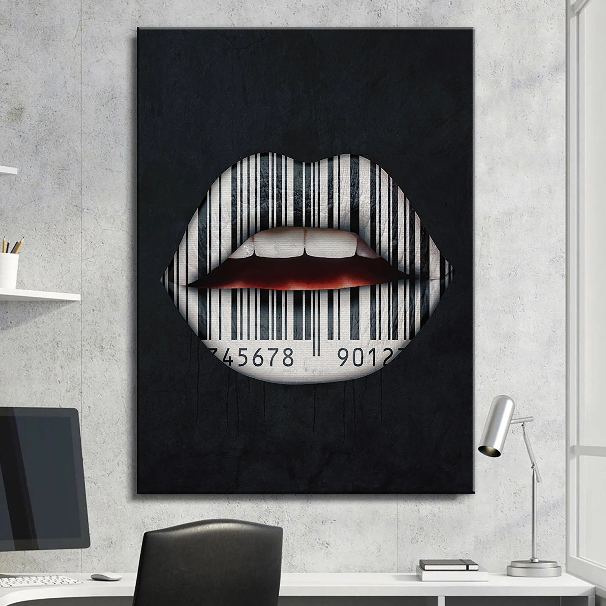 Detail capturing the numerical barcode sequence visible below the lips in Lips Are Sealed.