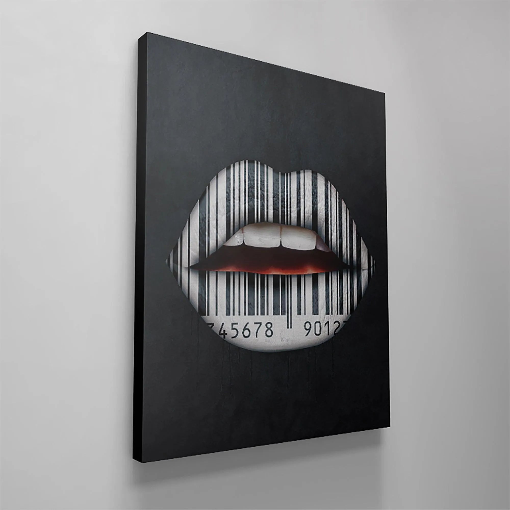 Lifestyle shot showing the Lips Are Sealed canvas hanging above a minimalist sofa.
