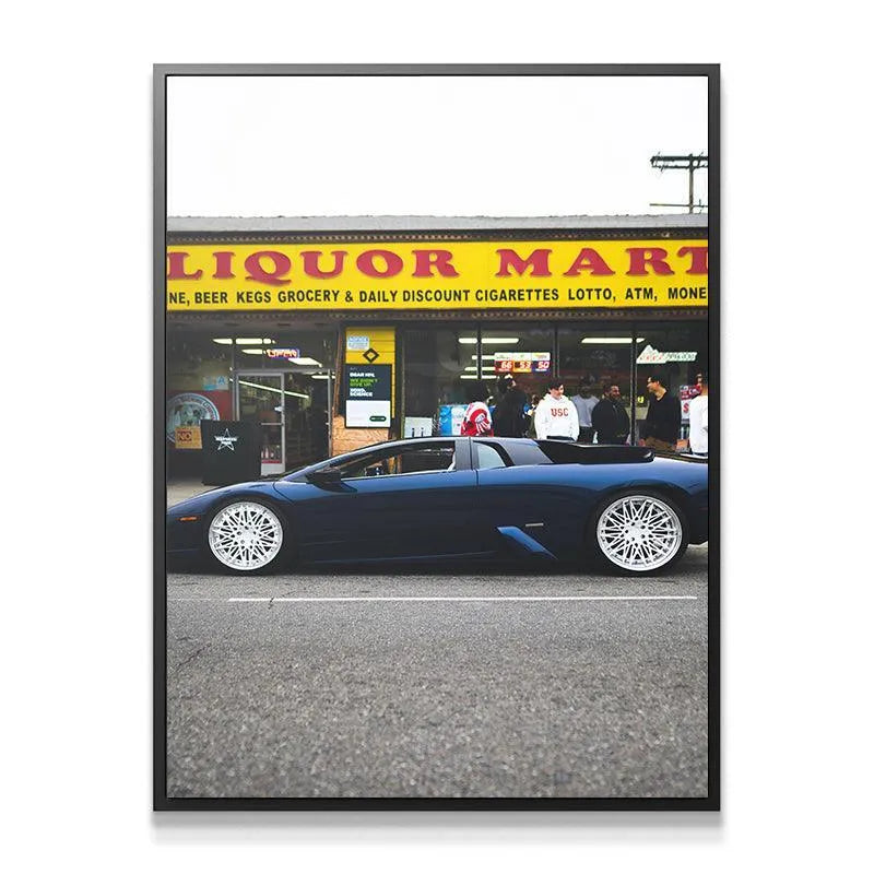 Close-up of custom white multi-spoke wheel on the dark supercar in the Liquor Mart Murcielago photo print.
