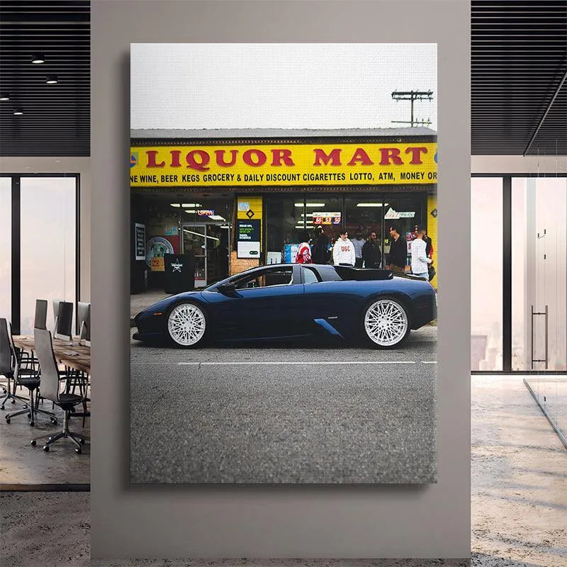 Contextual shot showing the yellow 'LIQUOR MART' sign contrasting with the exotic vehicle in Liquor Mart Murcielago.