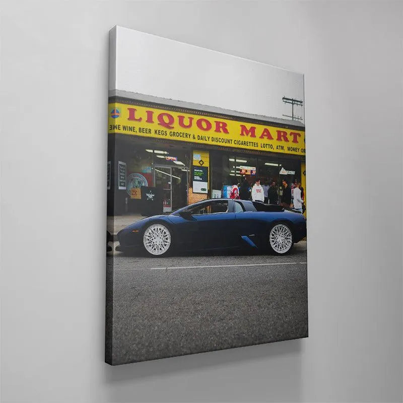 Lifestyle image featuring pedestrians observing the exotic car depicted in the Liquor Mart Murcielago print.