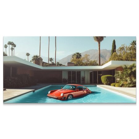 Full wide view of the red sports car floating in the pool under clear skies, embodying the 'Long Night' aftermath.
