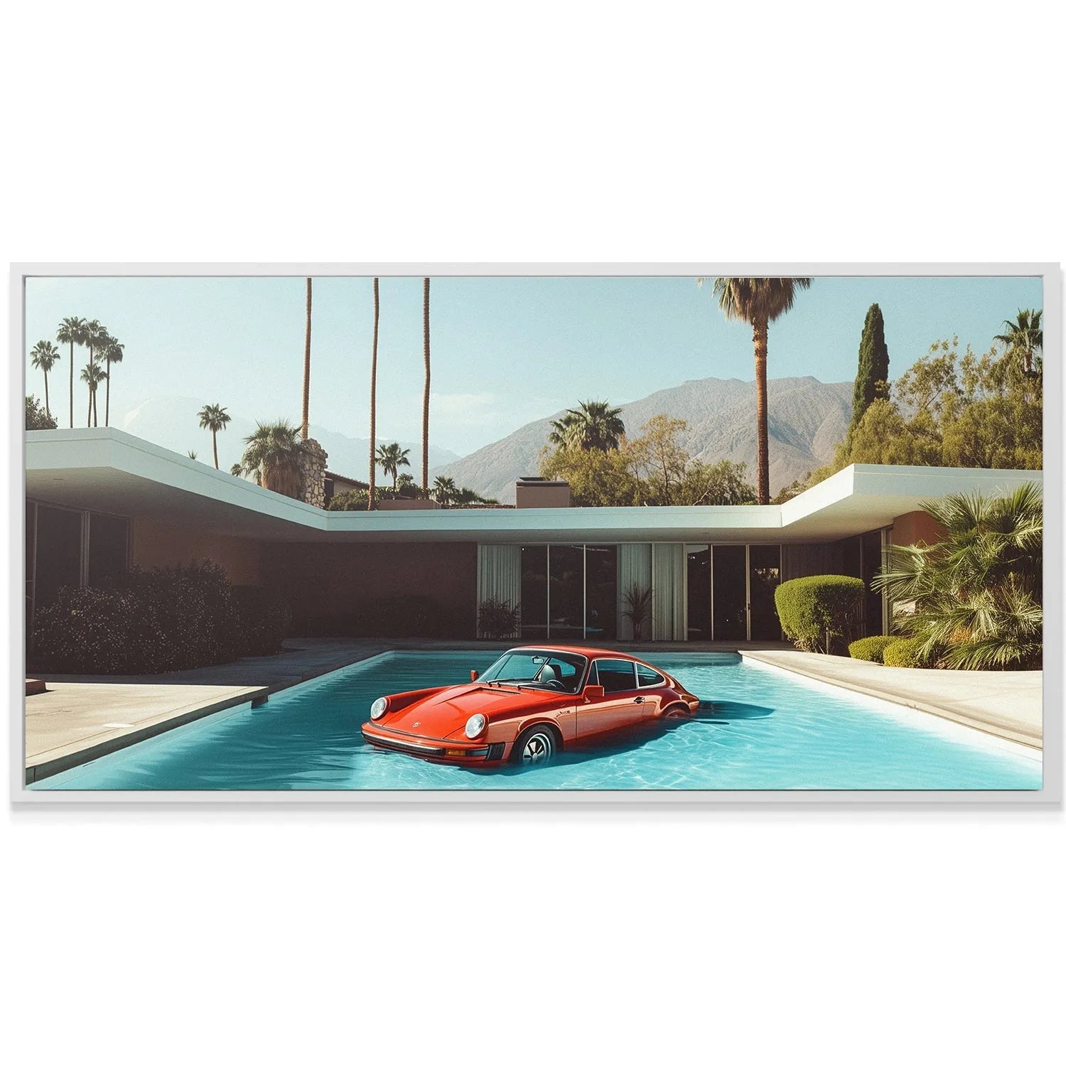 Low-angle view showcasing the modernist white architecture contrasting with the desert landscape in the 'Long Night' print.