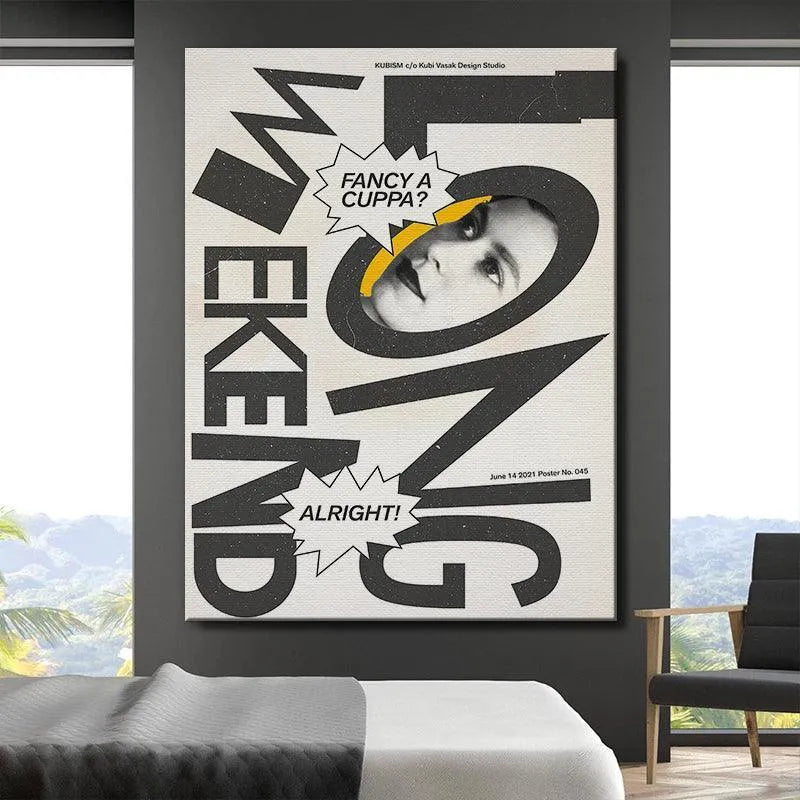 Corner perspective highlighting the sharp edges of the geometric 'WEEKEND' letters in the 'Long Weekend' design.