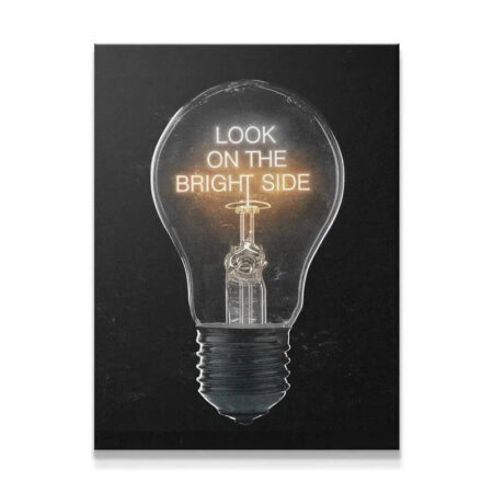 Motivational wall canvas featuring 'Look On The Bright Side (Light Bulb)' against a black background.