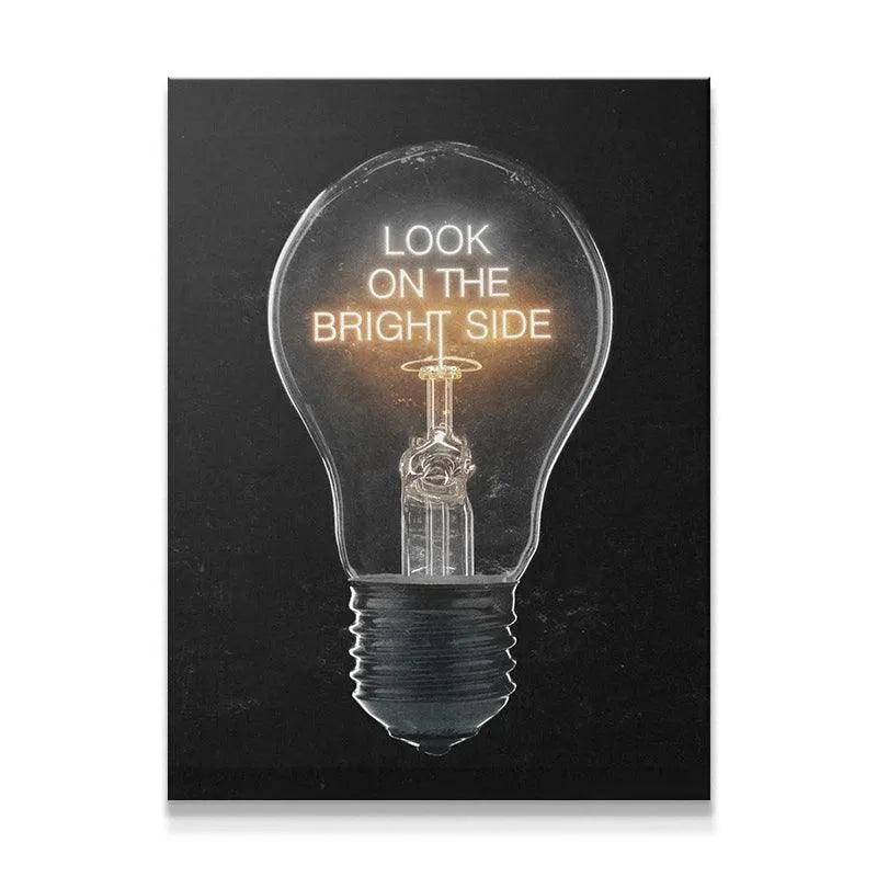 Motivational wall canvas featuring 'Look On The Bright Side (Light Bulb)' against a black background.