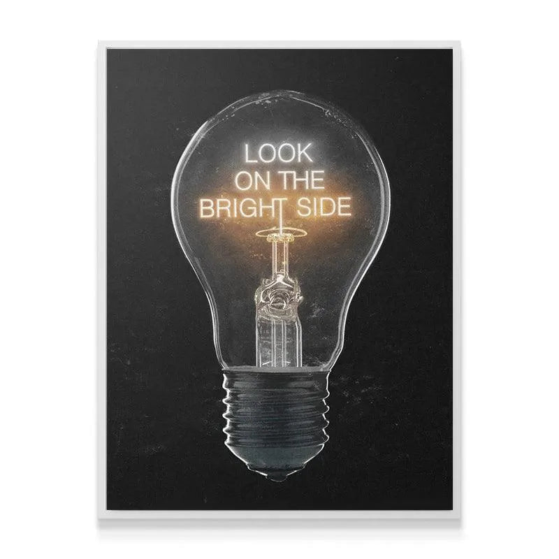 Textured canvas angle showing the glass casing and screw base of the 'Look On The Bright Side (Light Bulb)' print.