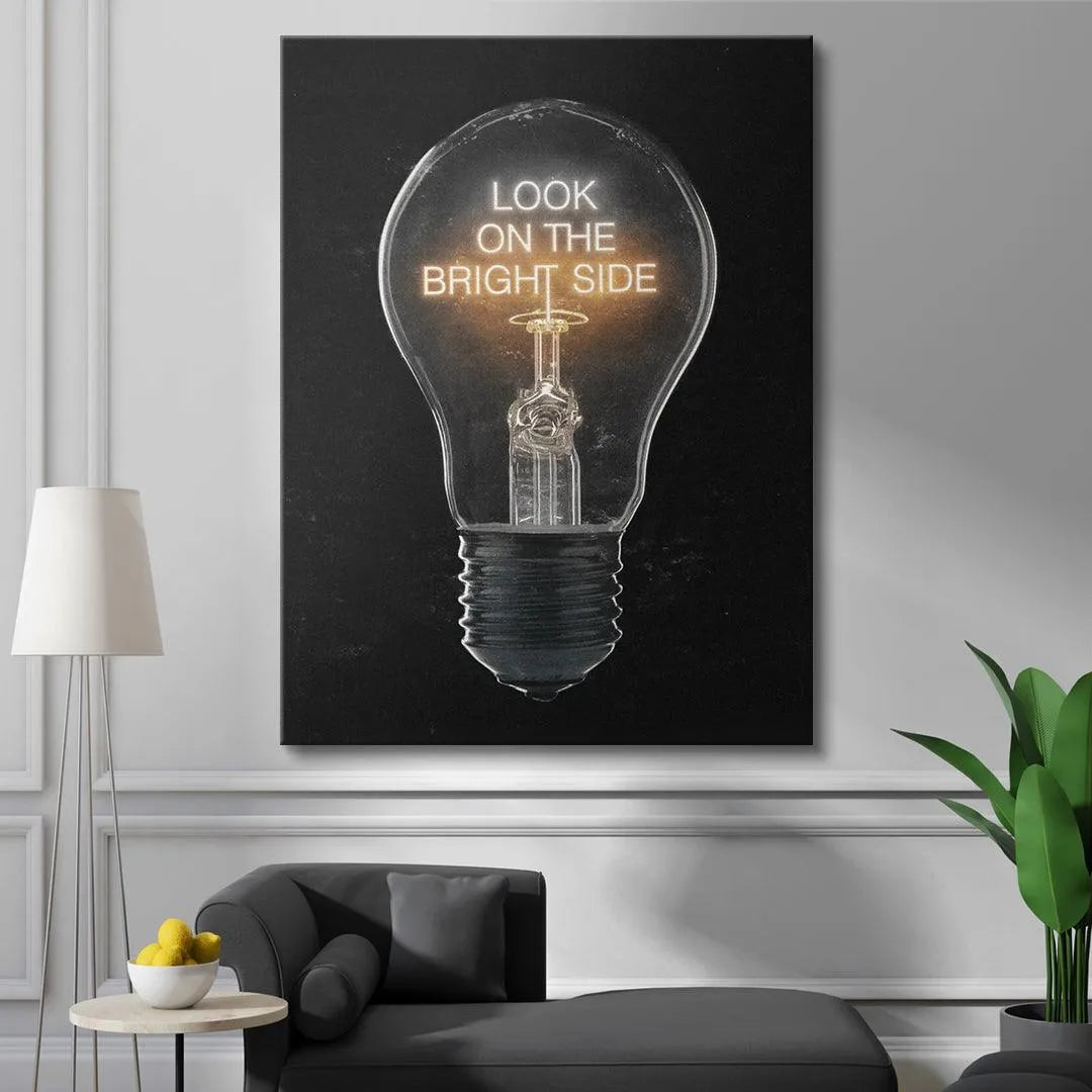 High-contrast digital illustration of the energized, inspiring 'Look On The Bright Side (Light Bulb)' poster.