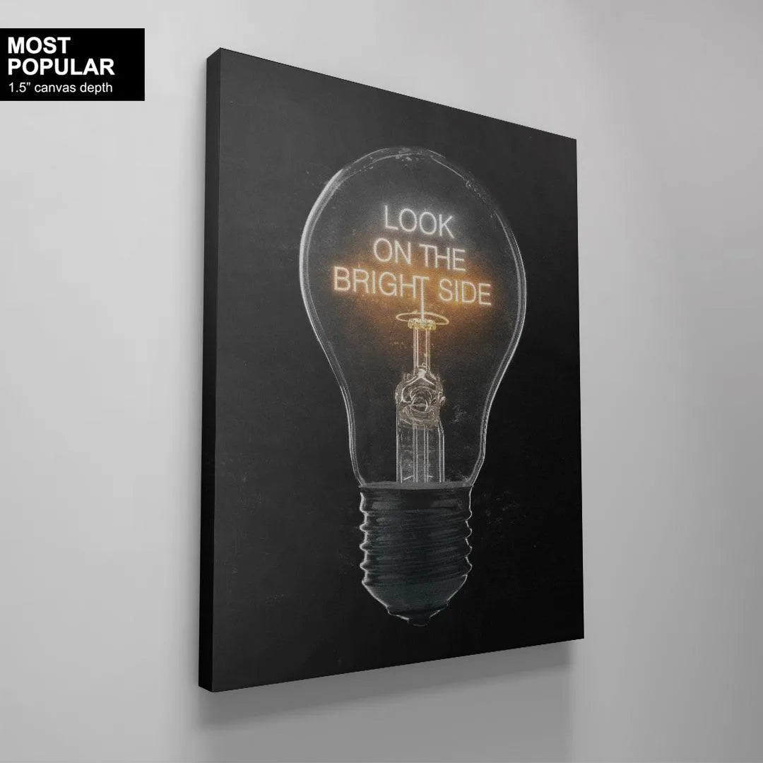 Uplifting quote art: the yellow neon script glowing within the 'Look On The Bright Side (Light Bulb)' structure.