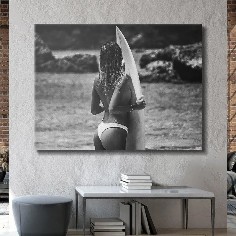 Detailed view of the surfboard texture held by the model in the 'Lost Top' artwork.