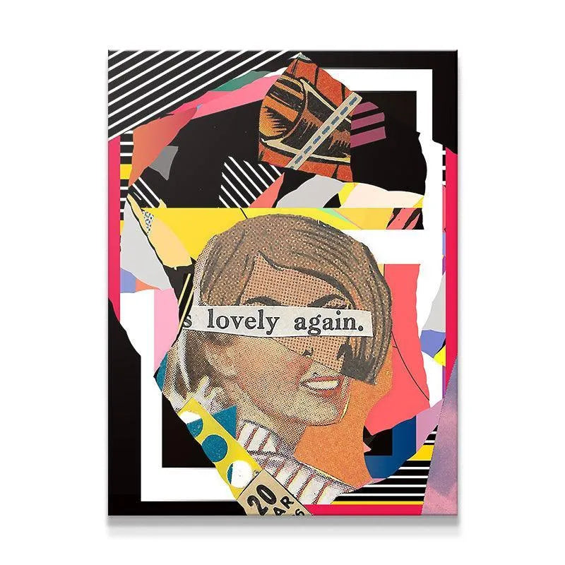 Full frontal view of the 'Lovely Again' mixed-media collage print featuring a retro woman's face and bright stripes.