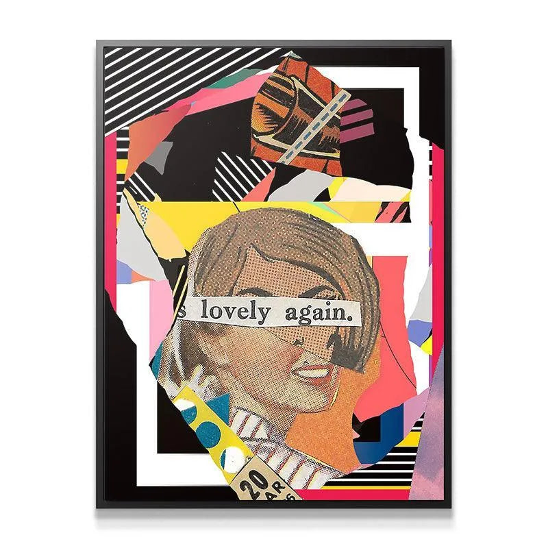 Close-up detail showing the ripped paper texture and halftone dot matrix effect on the 'Lovely Again' artwork.