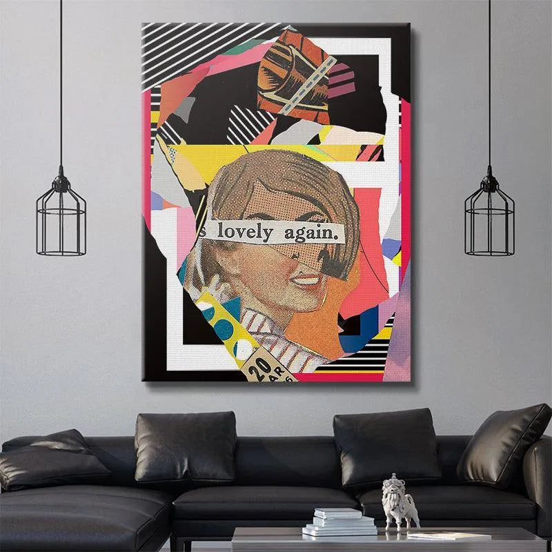 Lifestyle context image showing the 'Lovely Again' print framed above a minimalist sideboard in a modern apartment.