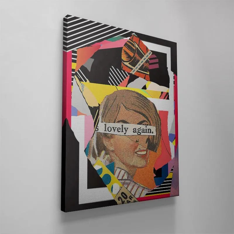 Detailed view of the top left corner, highlighting the black, white, and diagonal stripe patterns in 'Lovely Again'.