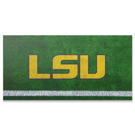 Close-up view showcasing the realistic texture of the green turf beneath the bold yellow letters of the LSU - Field Logo.