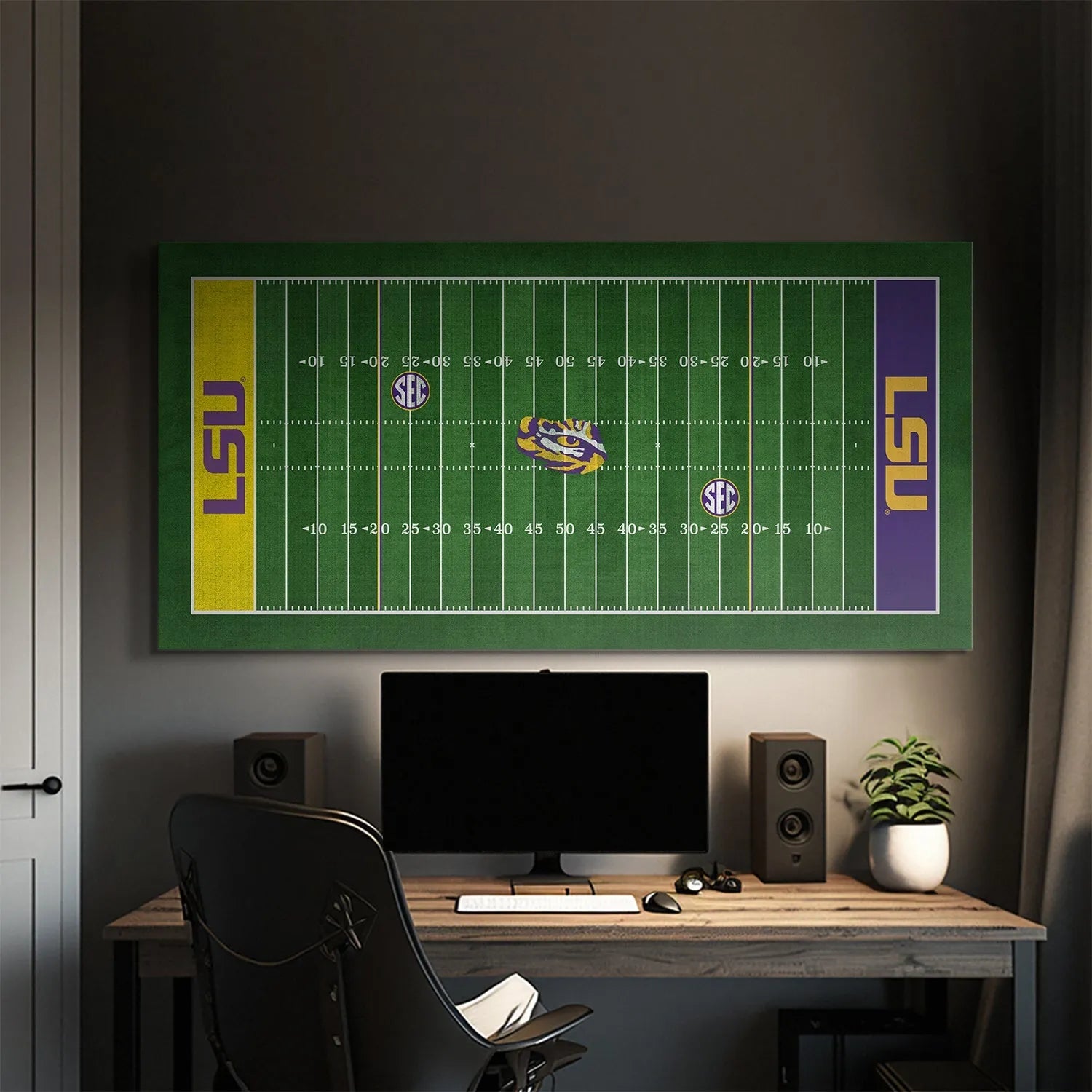 Corner angle showing the vibrant purple end zone lettering on the LSU - Full Field design.