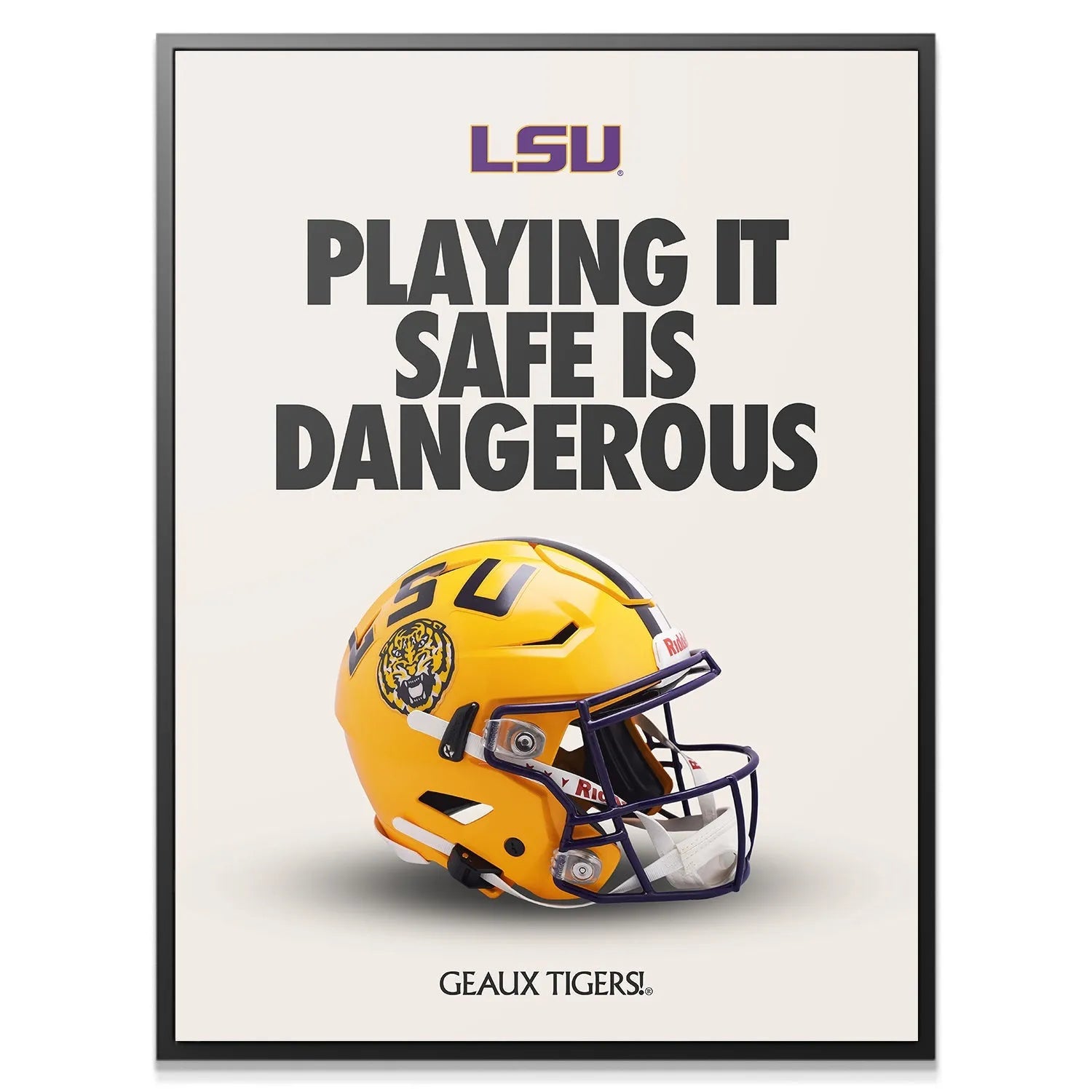 Close-up detail of the Tiger head decal on the yellow helmet shell in the artwork 'LSU - Playing It Safe'.