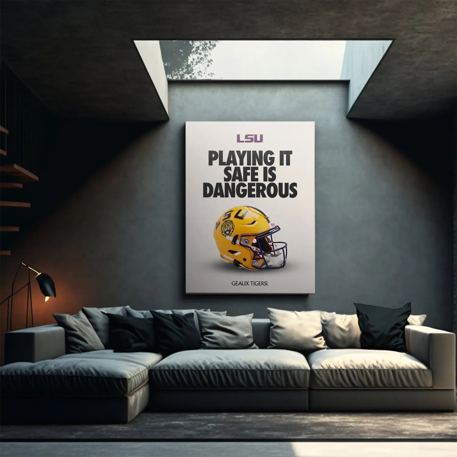 High-resolution textural image capturing the print quality of the motivational artwork 'LSU - Playing It Safe'.