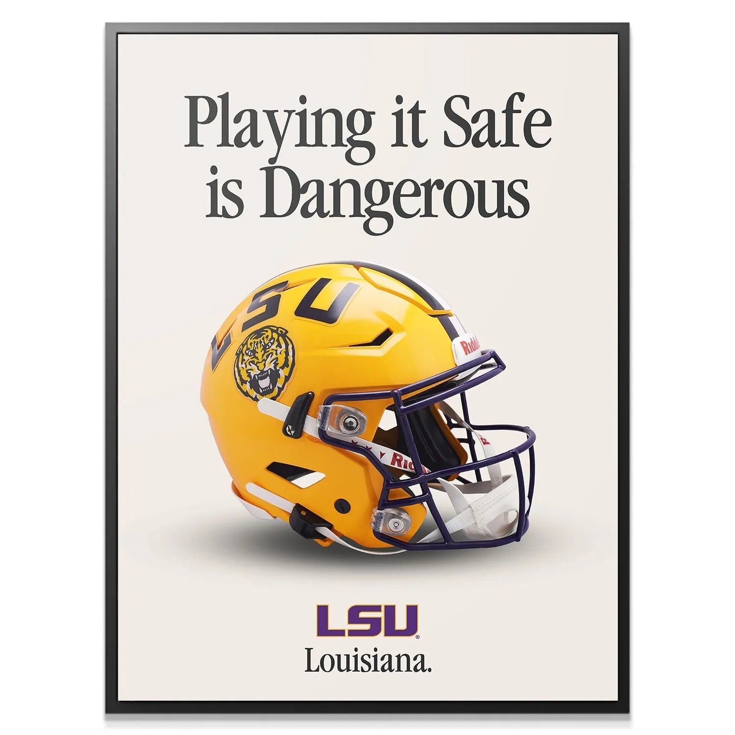 Close-up view of the LSU Tiger logo decal on the helmet featured in LSU - Playing It Safe V2 wall art.