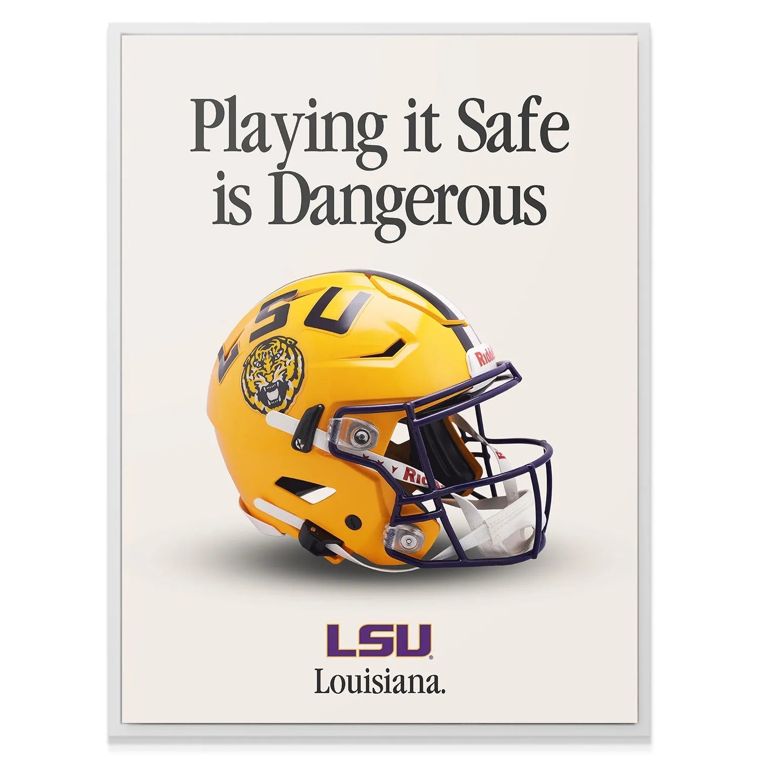 Lifestyle depiction of the LSU - Playing It Safe V2 poster framed in a modern fan cave setting.
