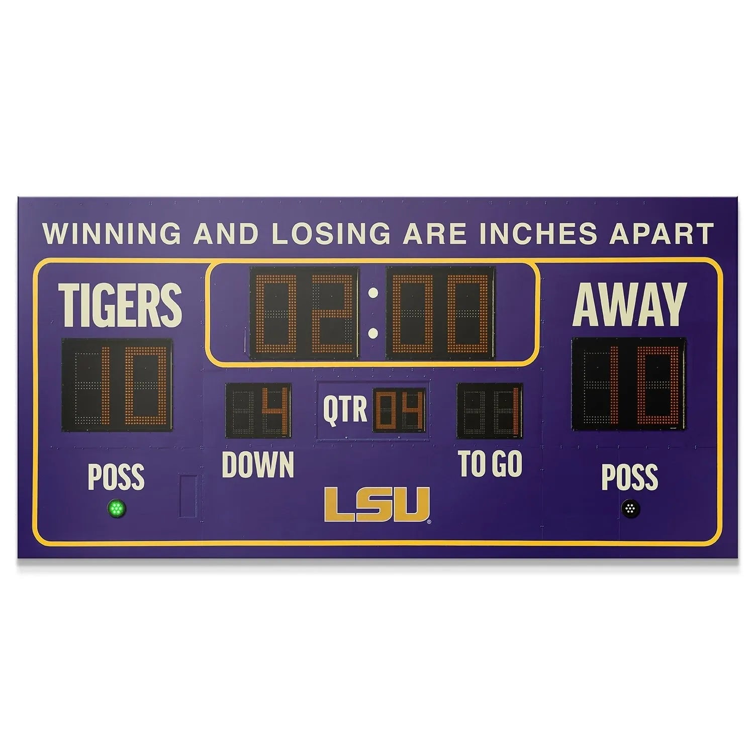 Close-up detail showing the illuminated 'TIGERS' and score numbers on the LSU - Scoreboard wall art print.