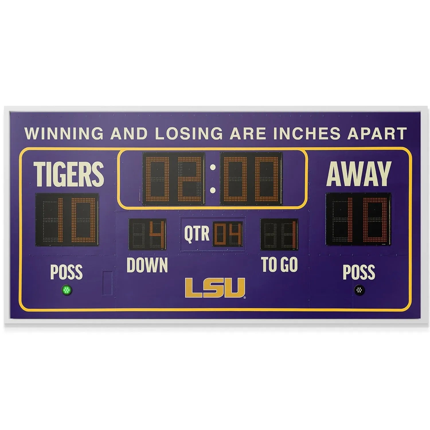 Diagonal perspective of the expansive LSU - Scoreboard emphasizing the bright yellow border outline and digital display.