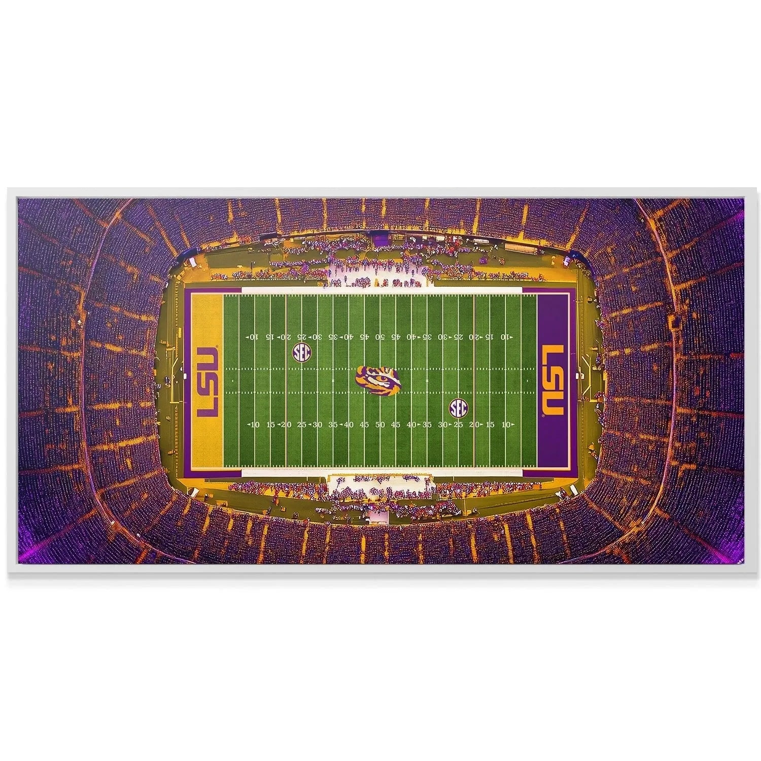 Wide shot capturing the entire scope of the illuminated LSU - Stadium at night.