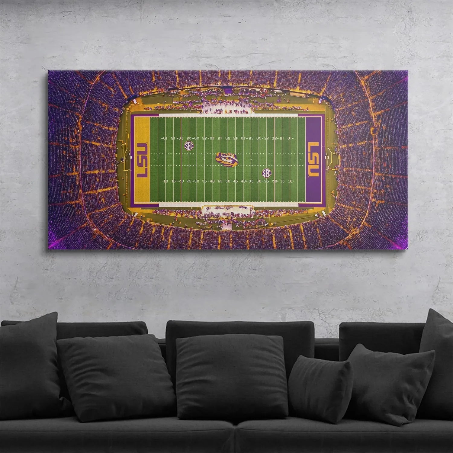 Artistic depiction focusing on the contrast between the green turf and the stands in LSU - Stadium.