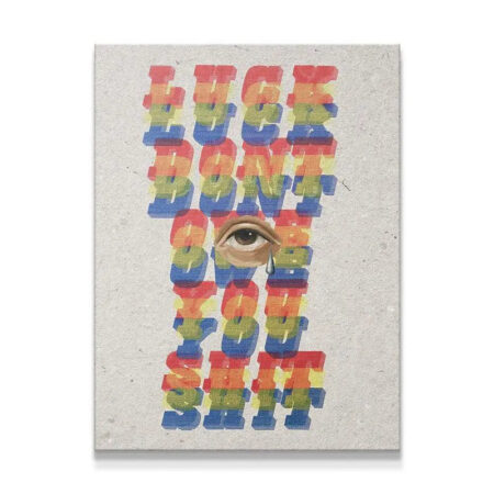 Full frontal view of the 'Luck Don't Owe You Shit' print on textured, gray paper stock with rainbow typography.