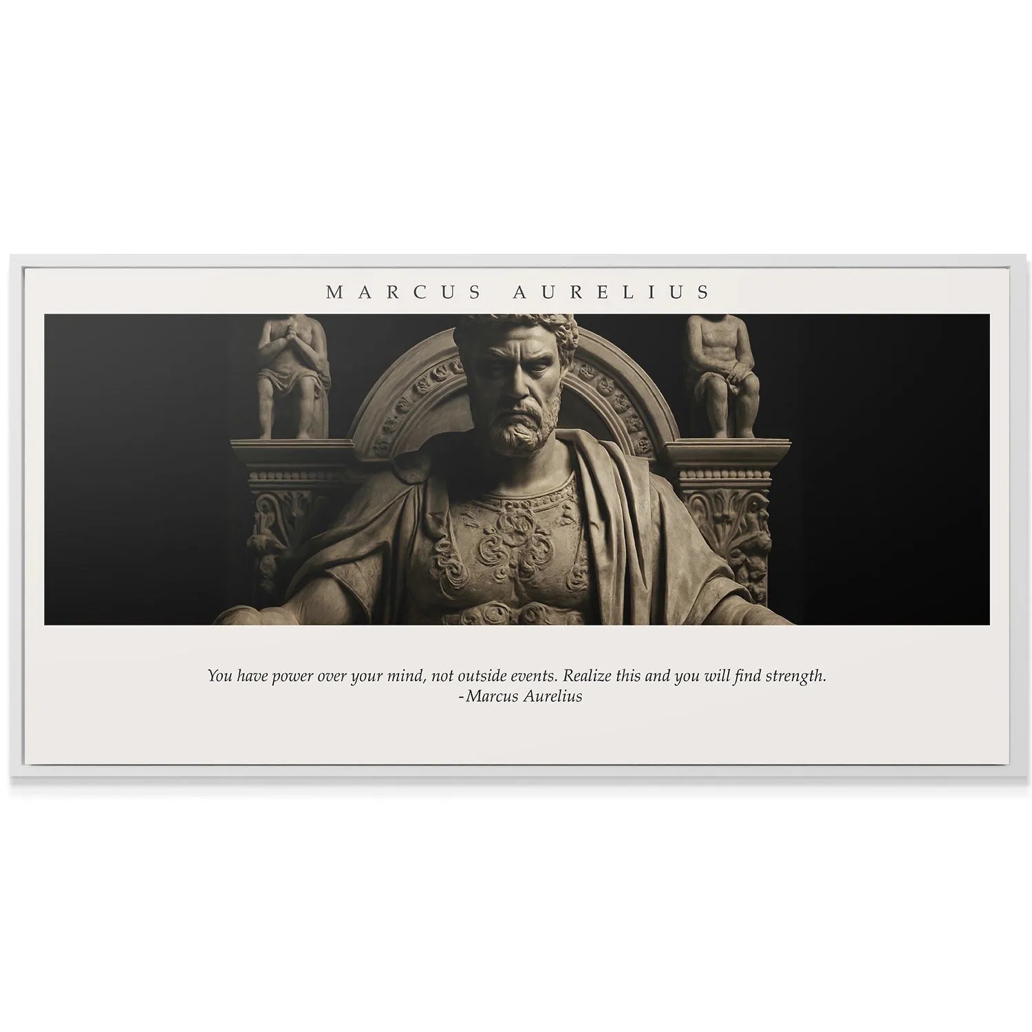 Lifestyle shot of the Stoic art hanging above a minimalist desk, Macus Aurelius - Power Over Mind.