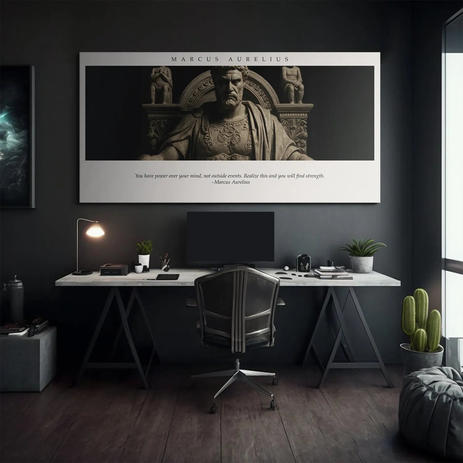 Detail crop showing the famous Stoic quote clearly on the Macus Aurelius - Power Over Mind poster.