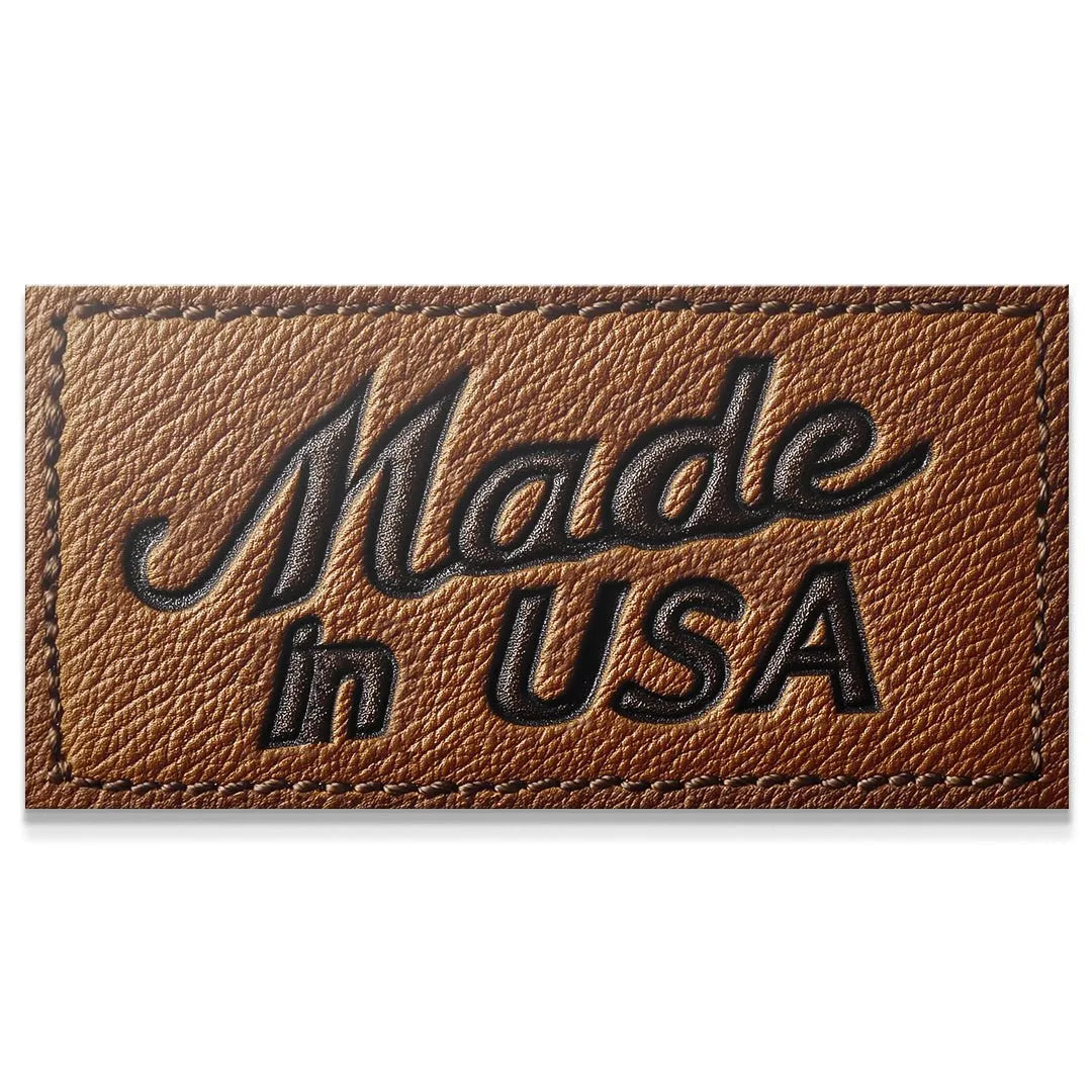 Close-up view of the textured brown surface of the Made In USA - Leather Tag.