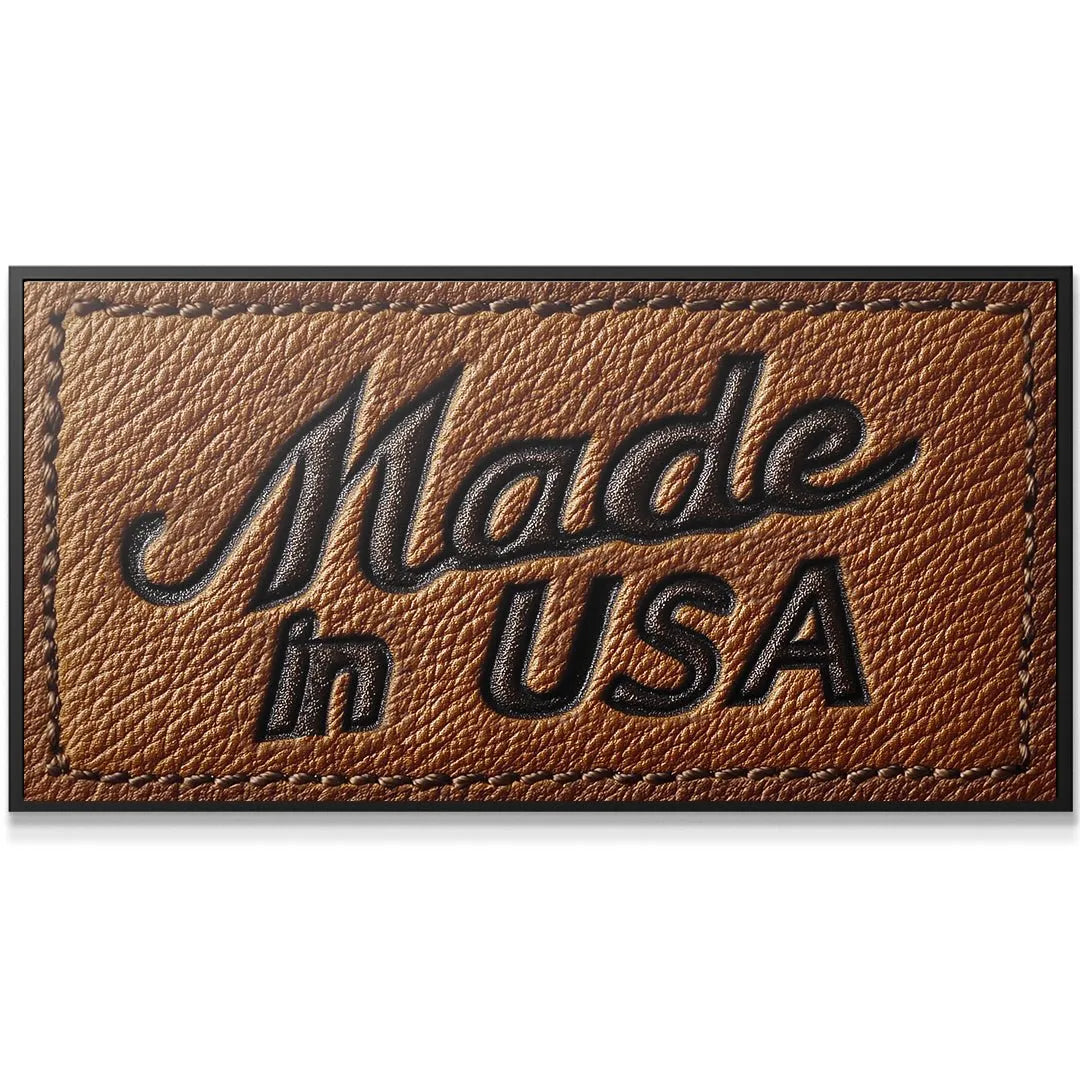 Detail shot emphasizing the precise perimeter stitching on the rectangular Made In USA - Leather Tag.