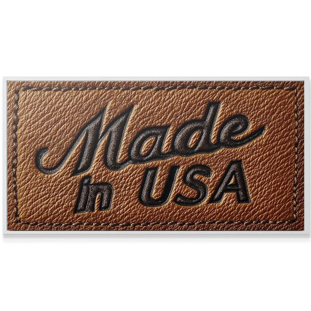 Macro photo showcasing the deep black embossed lettering on the genuine Made In USA - Leather Tag.
