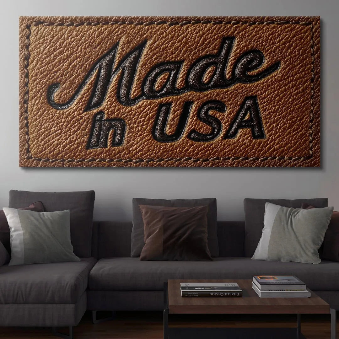 Top-down, studio lighting photograph of the durable Made In USA - Leather Tag.