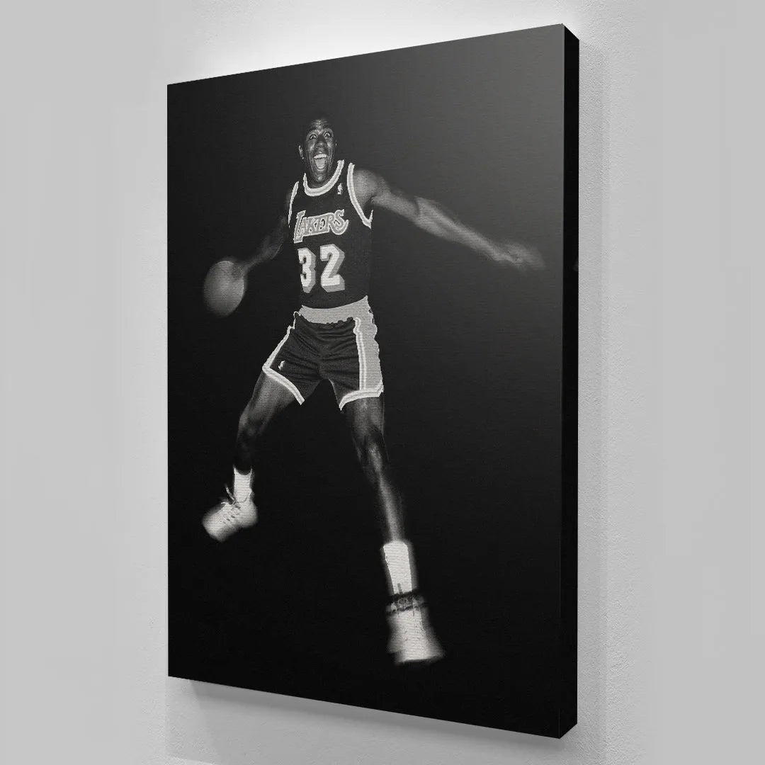 Vintage portrait of Magic Johnson - It's Magic wearing the classic Lakers jersey and shorts.