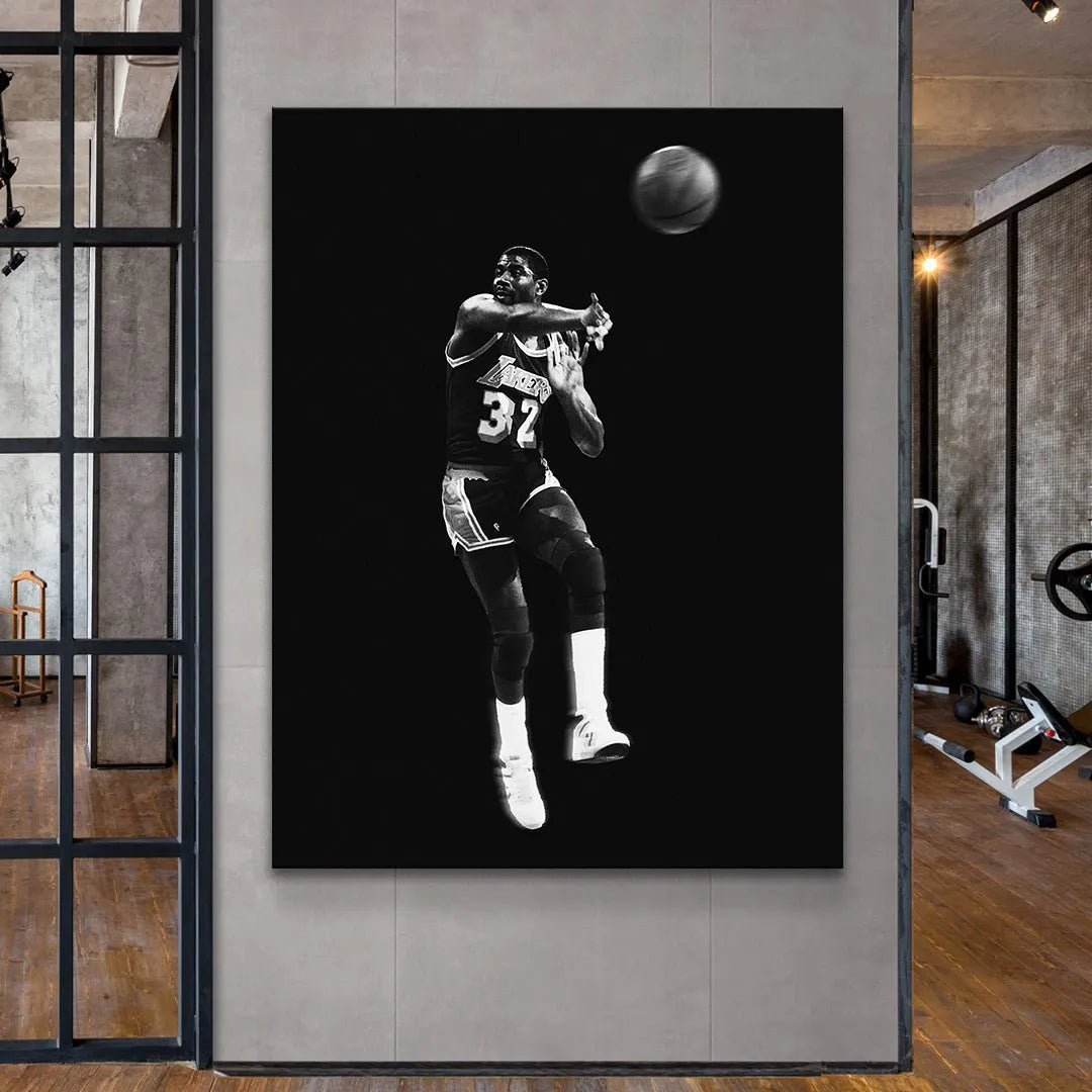 Lifestyle mock-up of the framed 'Magic Johnson - Made You Look' poster displayed prominently in a modern office setting.