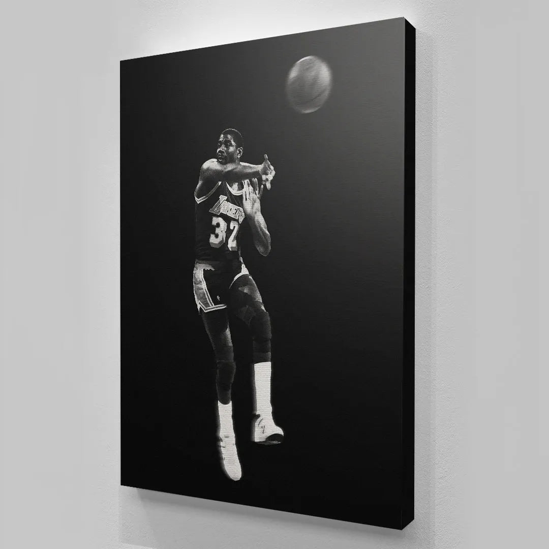 Black and white digital rendering of Magic Johnson - Made You Look, highlighting the motion blur of the basketball mid-air.