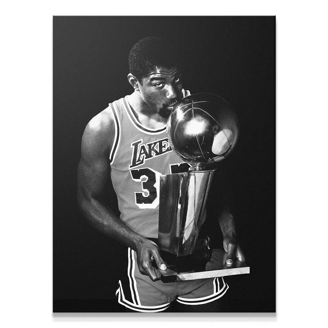 Close-up view of the legendary Laker kissing the trophy in Magic Johnson - Magic Kiss print.