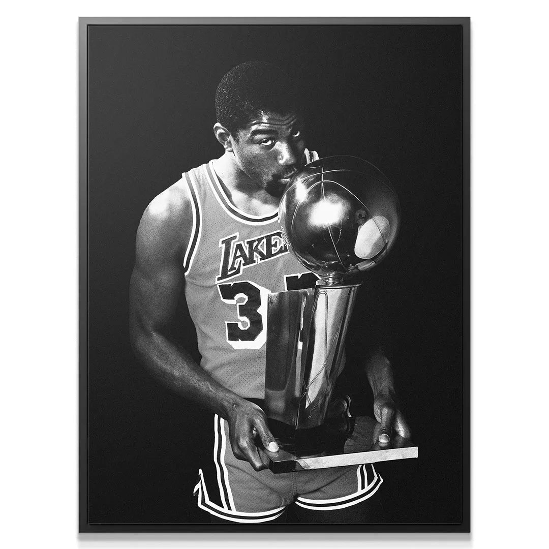 Black and white canvas featuring Magic Johnson - Magic Kiss, highlighting the trophy's metallic gleam.