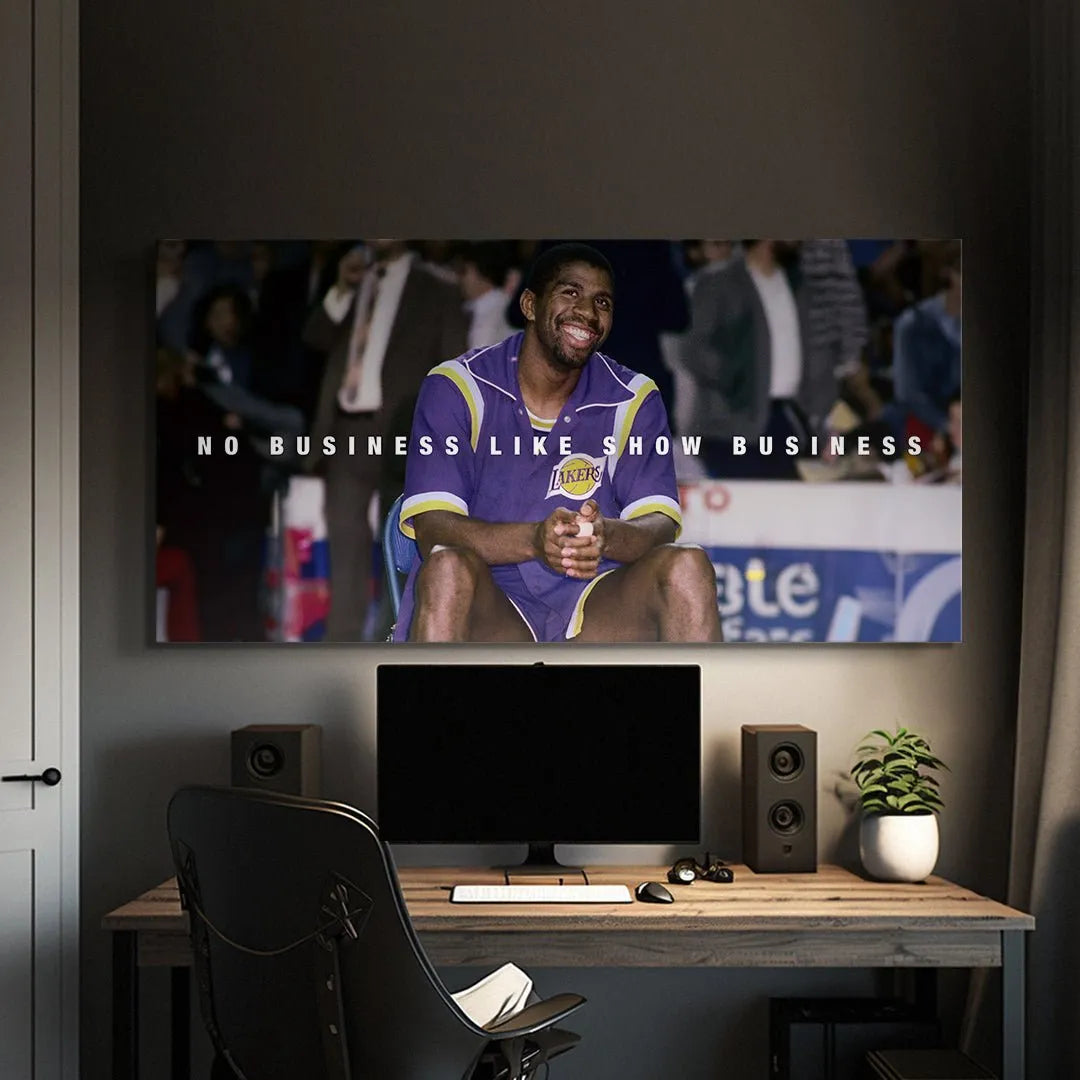Lifestyle shot showing the texture and premium finish of the Magic Johnson - Show Business print.