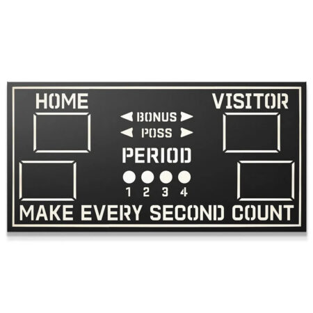 Overhead view of the black and white scoreboard wall art that reads, "Make Every Second Count."