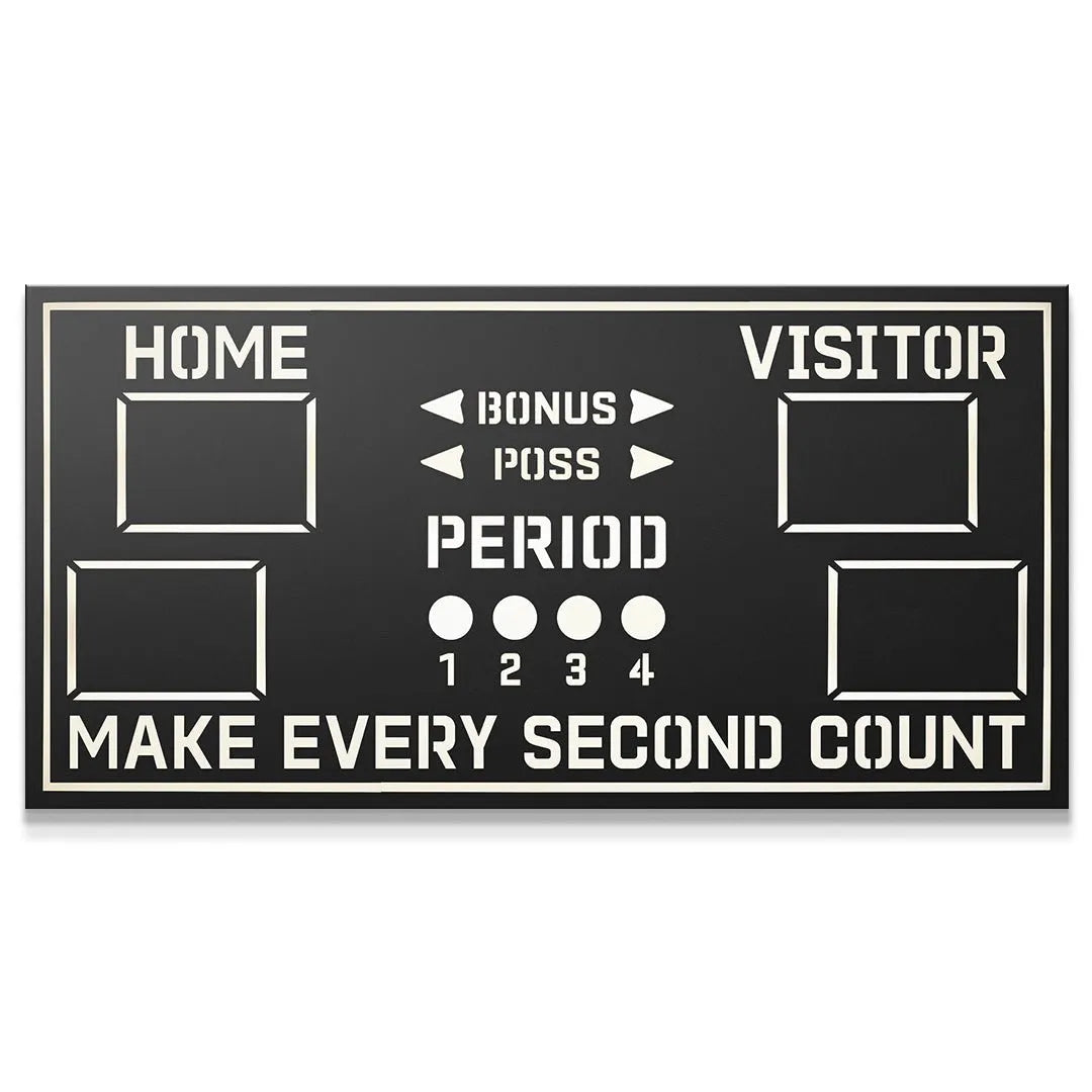 Overhead view of the black and white scoreboard wall art that reads, "Make Every Second Count."
