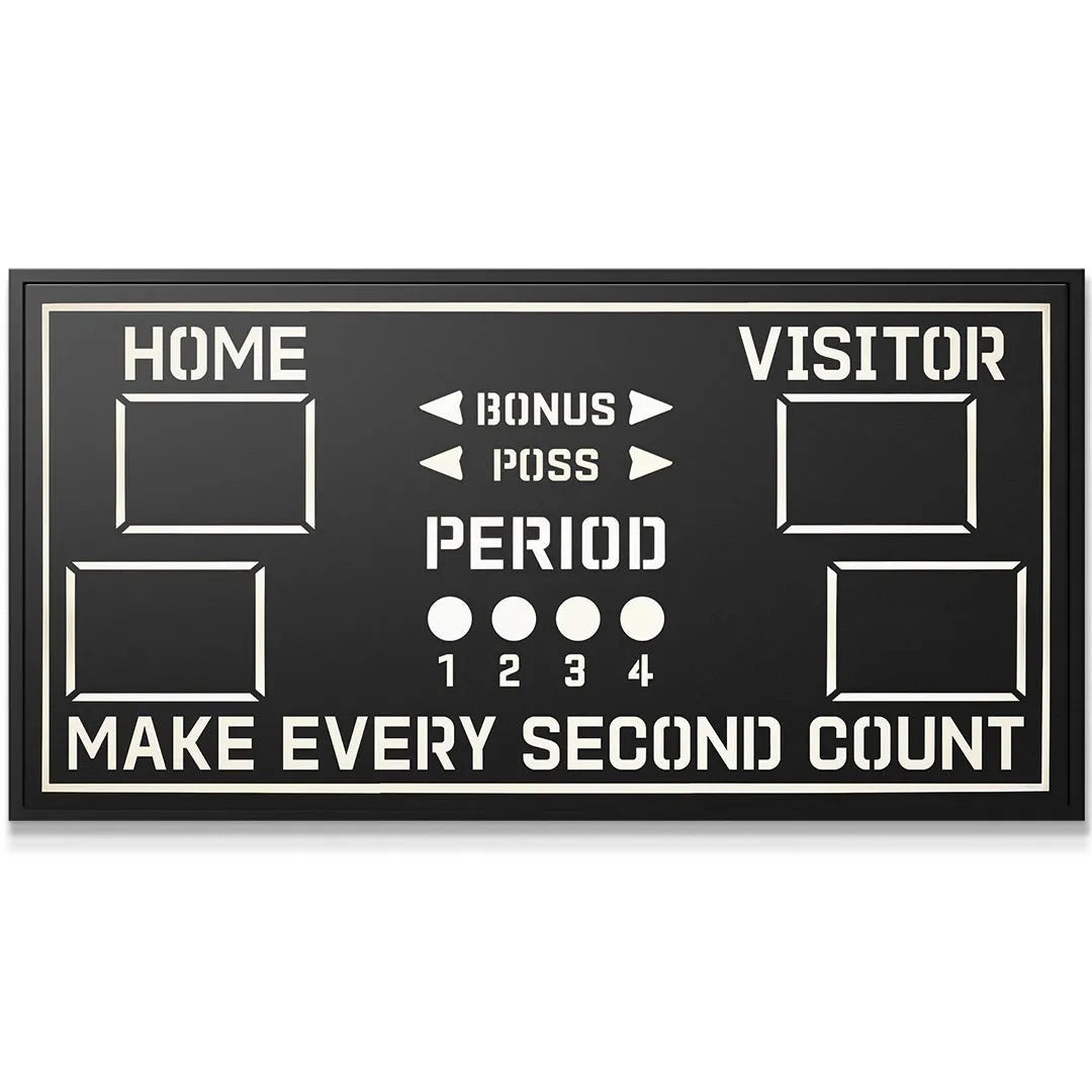 Close-up detail of the vintage typography for HOME/VISITOR score boxes and the bold motto, "Make Every Second Count."