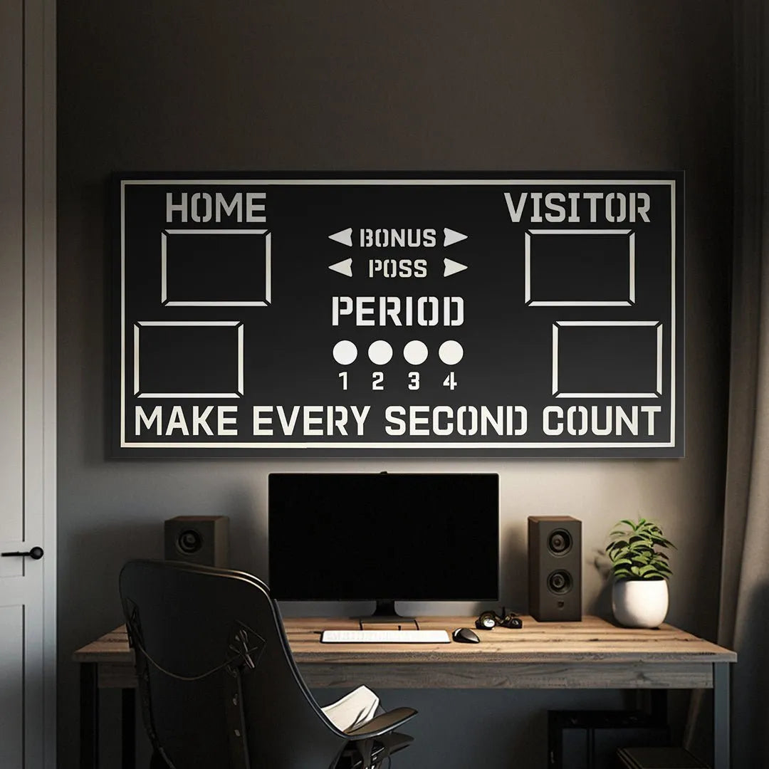 Lifestyle image: Scoreboard art hanging above a home gym station, inspiring athletes to Make Every Second Count.