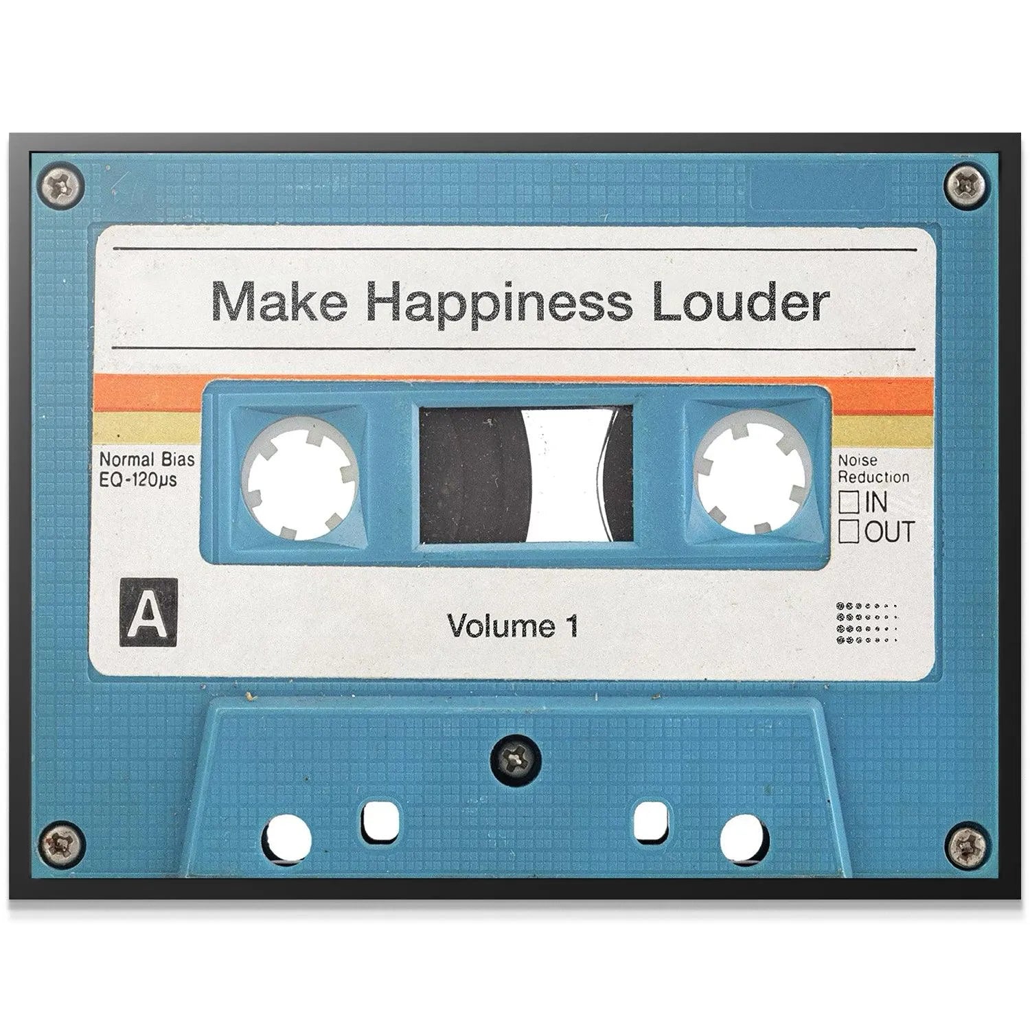 Overhead studio shot capturing the teal color of the 'Make Happiness Louder (Cassette)'.