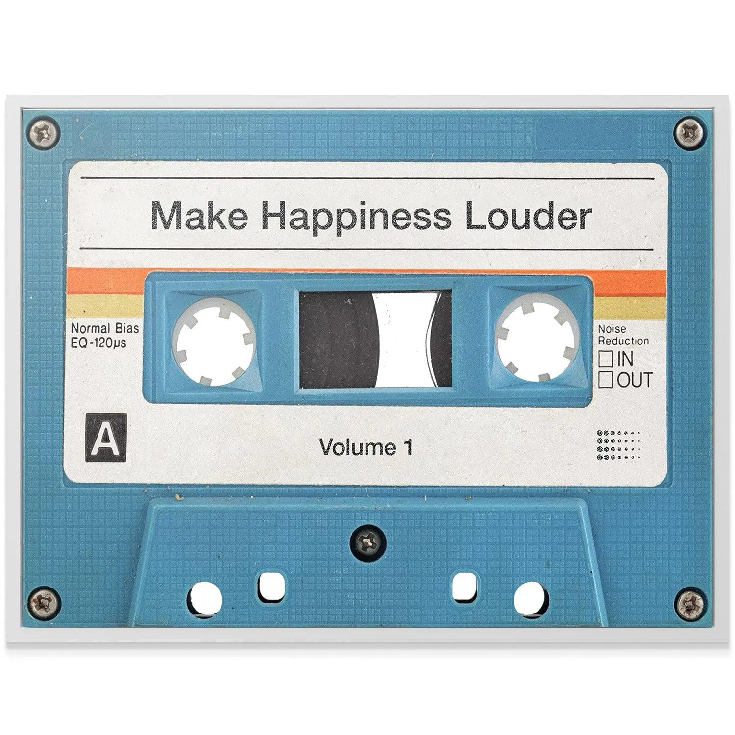 Angled perspective showing the thickness and side screws of the 'Make Happiness Louder (Cassette)'.