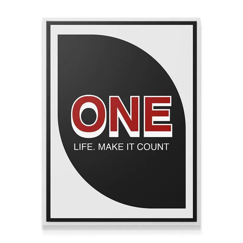 A lifestyle scene: motivational art poster 'Make It Count' hanging above a clean, minimalist home office desk.